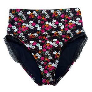Skinny Dippers Daisy Duke Ruffled Bikini Bottom Size L Black Floral High Waist